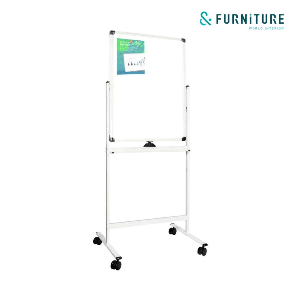 &FURNiTURE  両面ホワイトボード 幅60×90cm 360°回転 高さ調節可能 キャスター付 マグネット対応 会議研修用 イレーザー付き