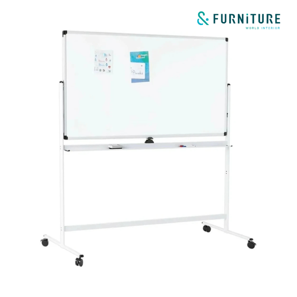 &FURNiTURE 両面ホワイトボード 幅180×90cm 360°回転 高さ調節 キャスター付 マグネット対応 会議研修用