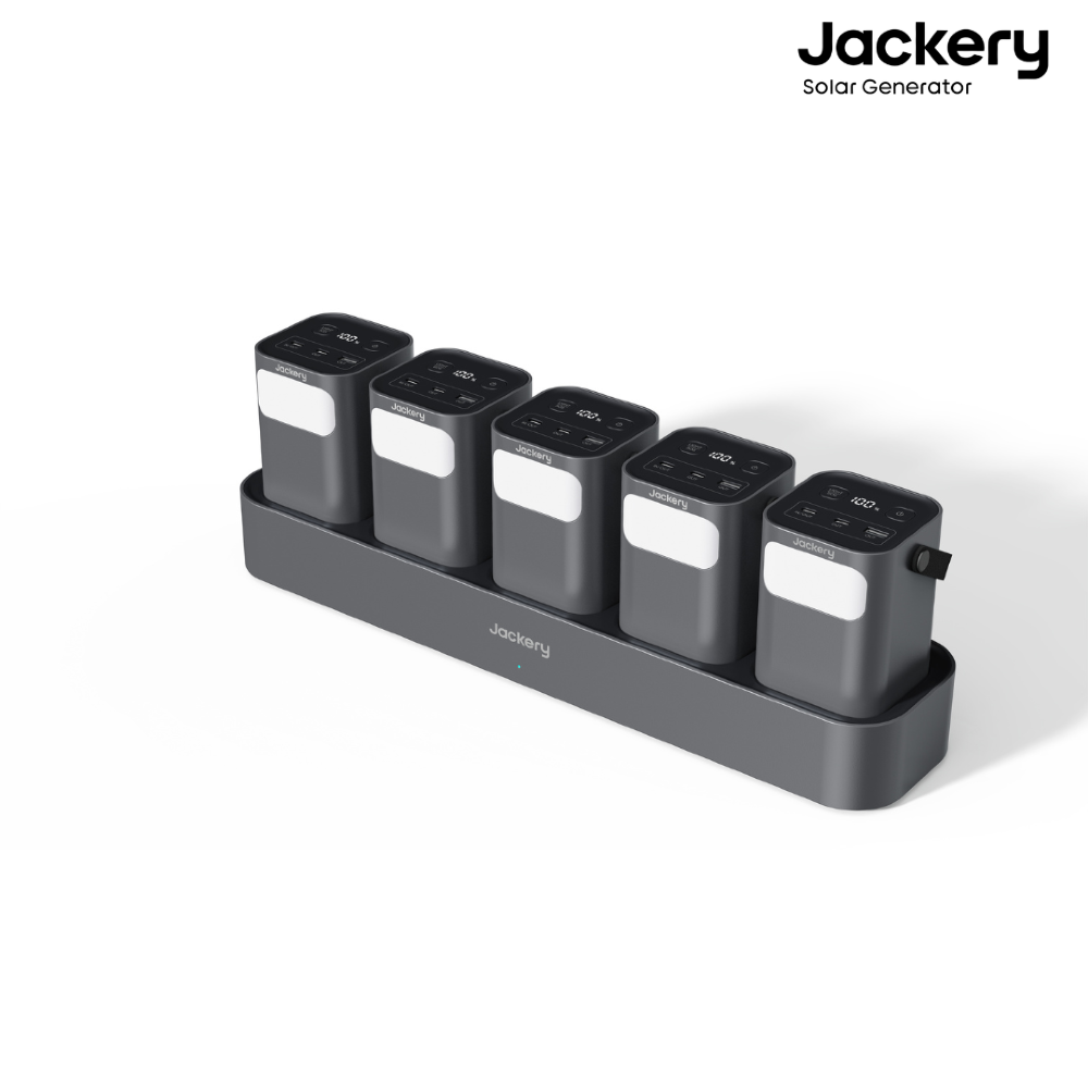 Jackery JSG-0307A ポータブル電源 5台セット 充電ステーション付 最大100W出力 モバイルバッテリー 大容量76.8Wh オフィス 学校 防災